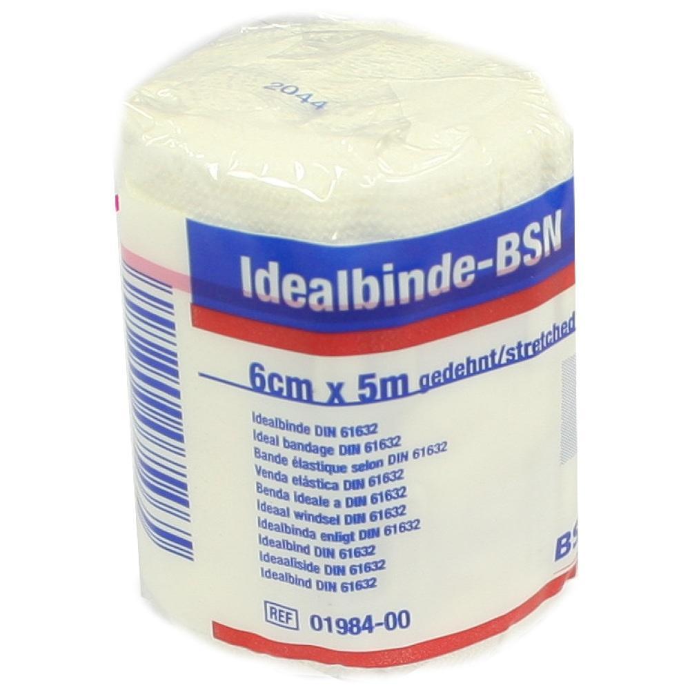 Eine weiße Idealbinde in Verpackung mit blauer und roter Aufschrift.