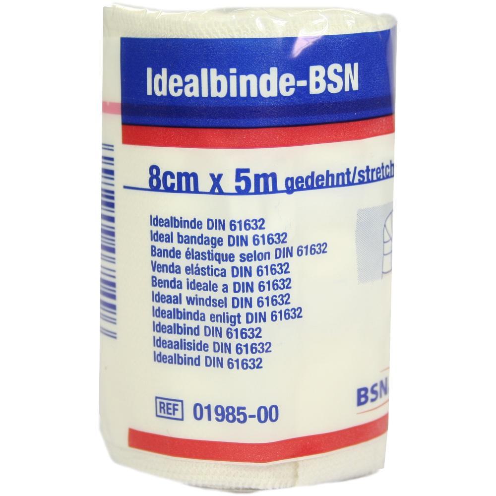 Eine medizinische Bandage, 8 cm breit und 5 m lang, aufgerollt in einer blauen Verpackung.