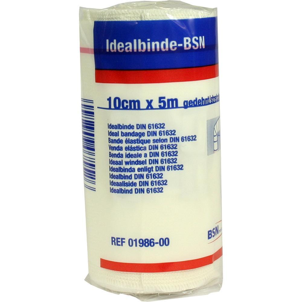 Eine weiße Idealbinde, 10 cm breit und 5 m lang, in Plastikverpackung.