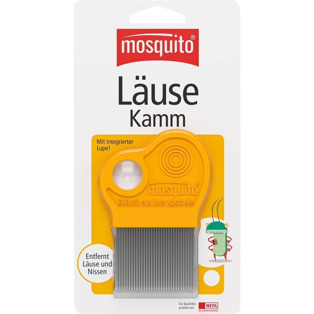 Ein gelber Läusekamm mit integrierter Lupe auf einer Verpackung.