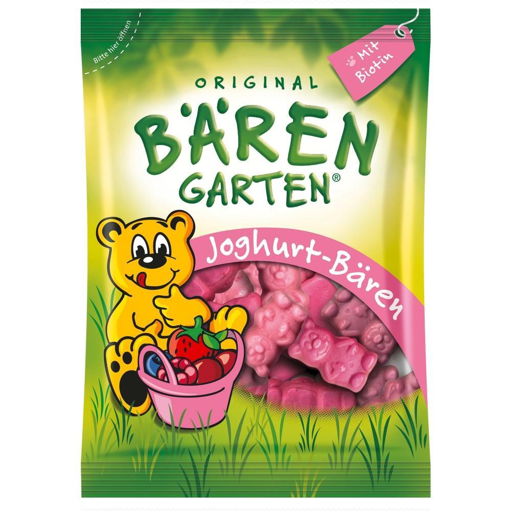 Eine Tüte mit rosa Joghurt-Bärchen und einem gezeichneten Bären darauf.