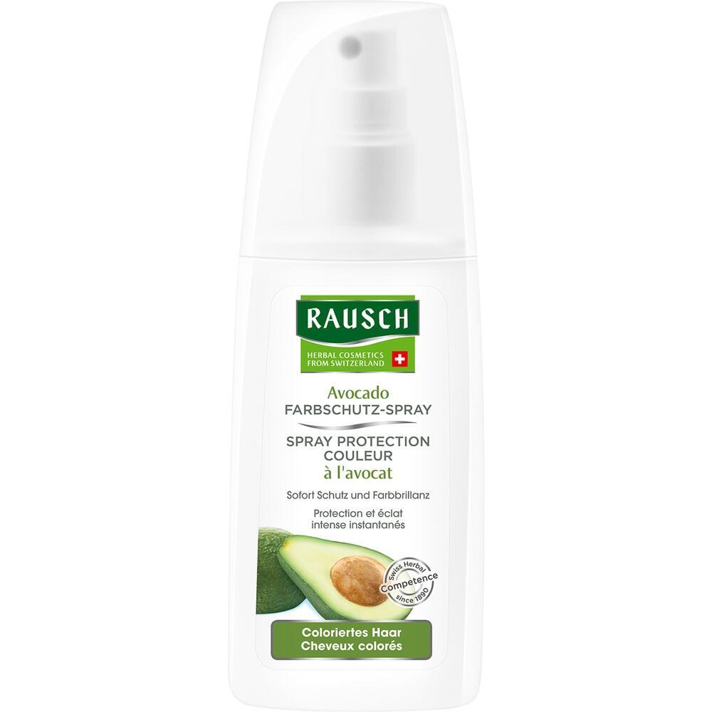 Eine weiße Flasche Rausch Avocado Farbschutz-Spray für gefärbtes Haar.