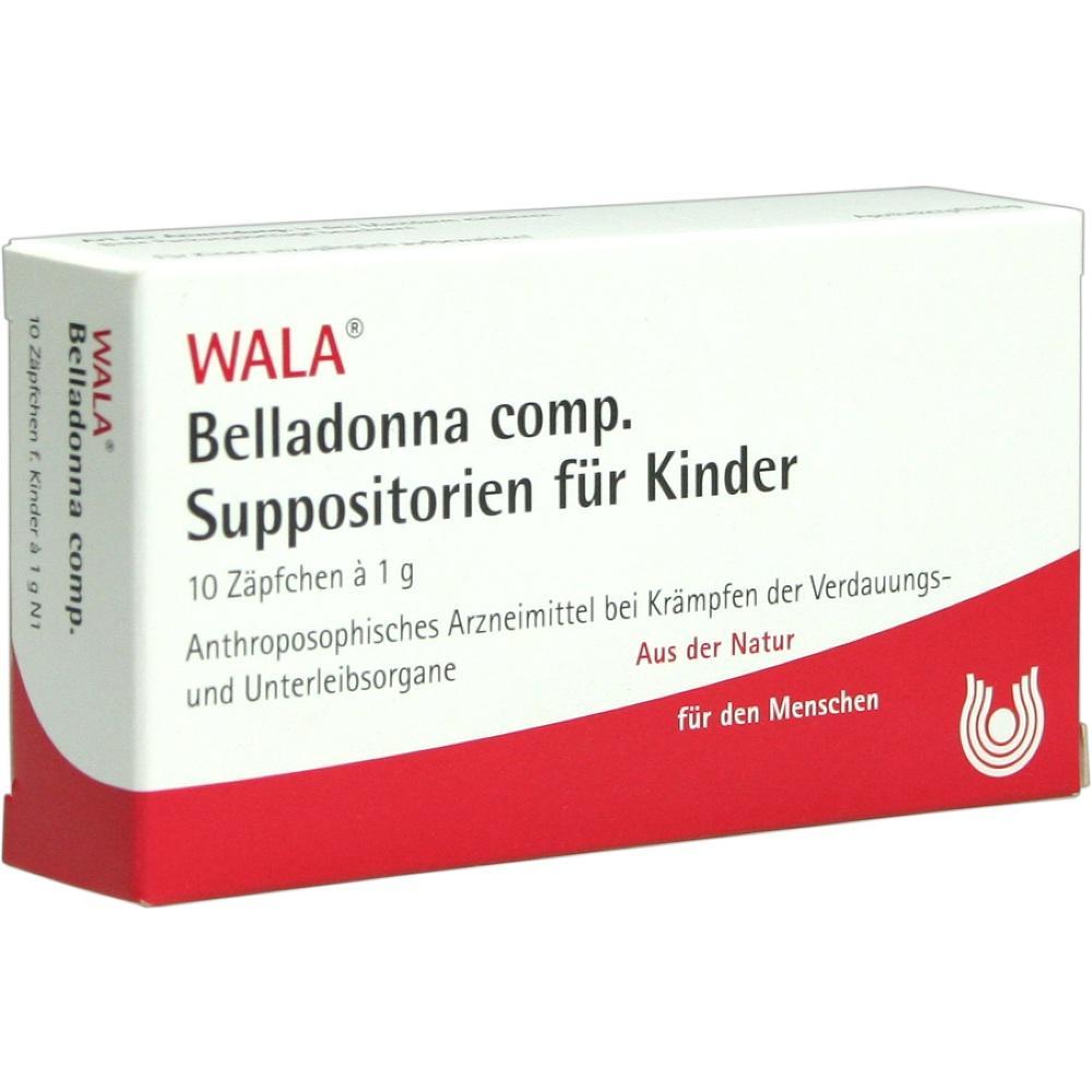 Eine weiße Schachtel mit rotem Aufdruck für Belladonna-Zäpfchen für Kinder.