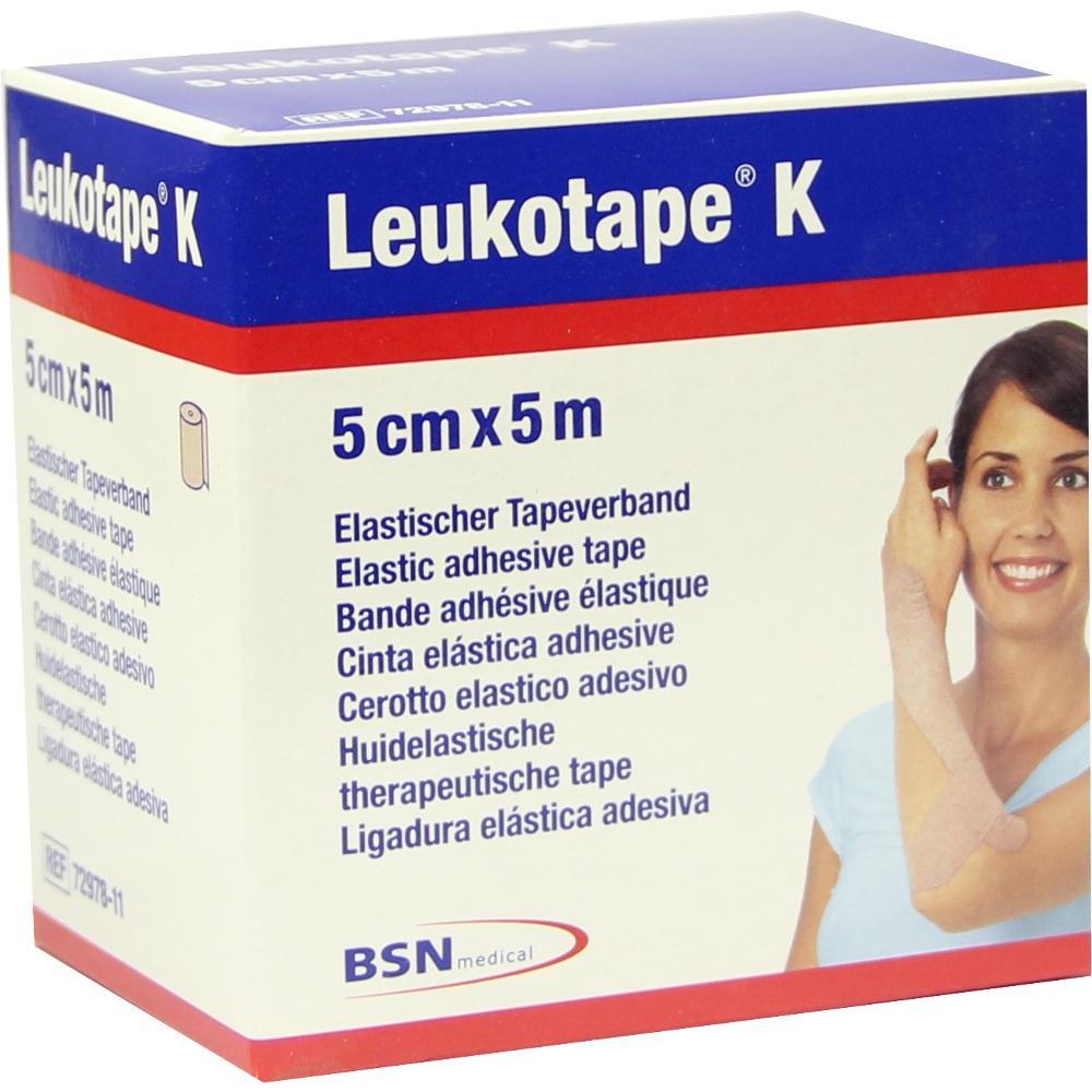 Verpackung von Leukotape K, einem elastischen Klebeband, mit einer lachenden Frau darauf.