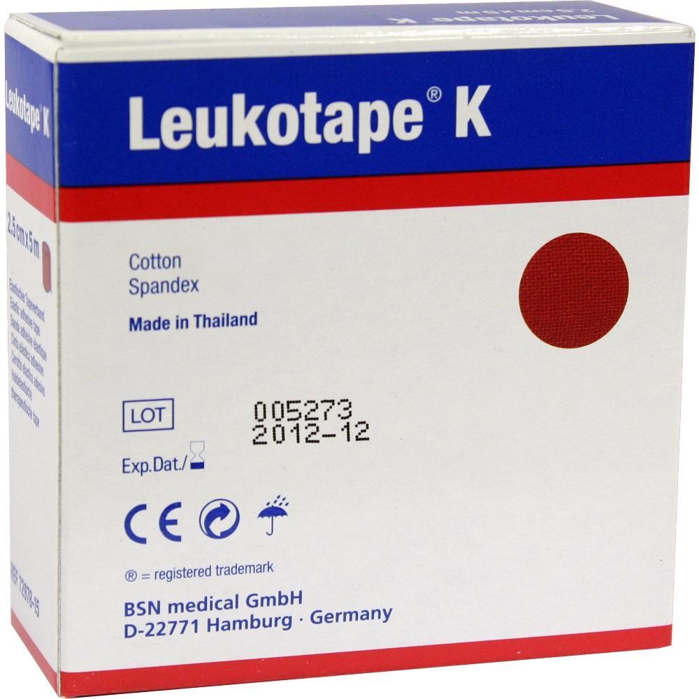 Eine Verpackung mit Leukotape K aus Baumwolle und Spandex, hergestellt in Thailand.