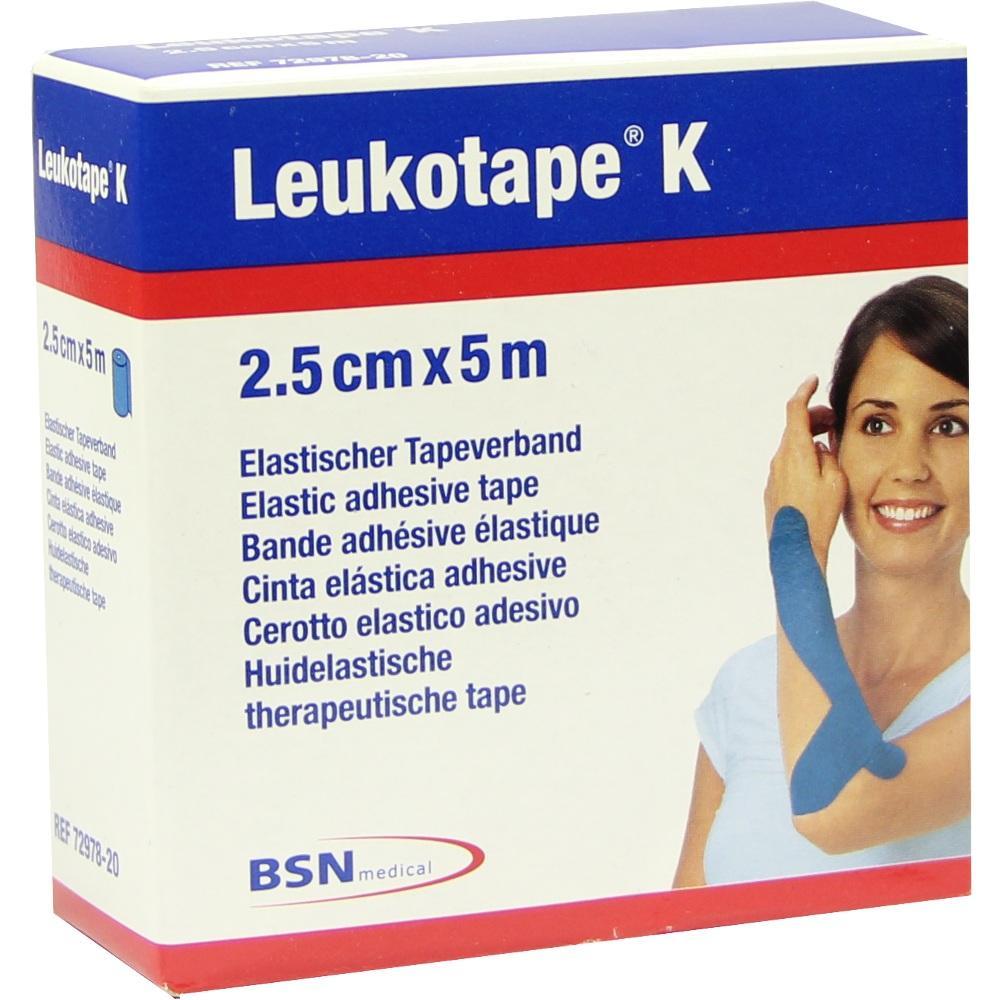 Eine Packung Leukotape K mit einer Frau, die blaues Klebeband am Arm trägt.