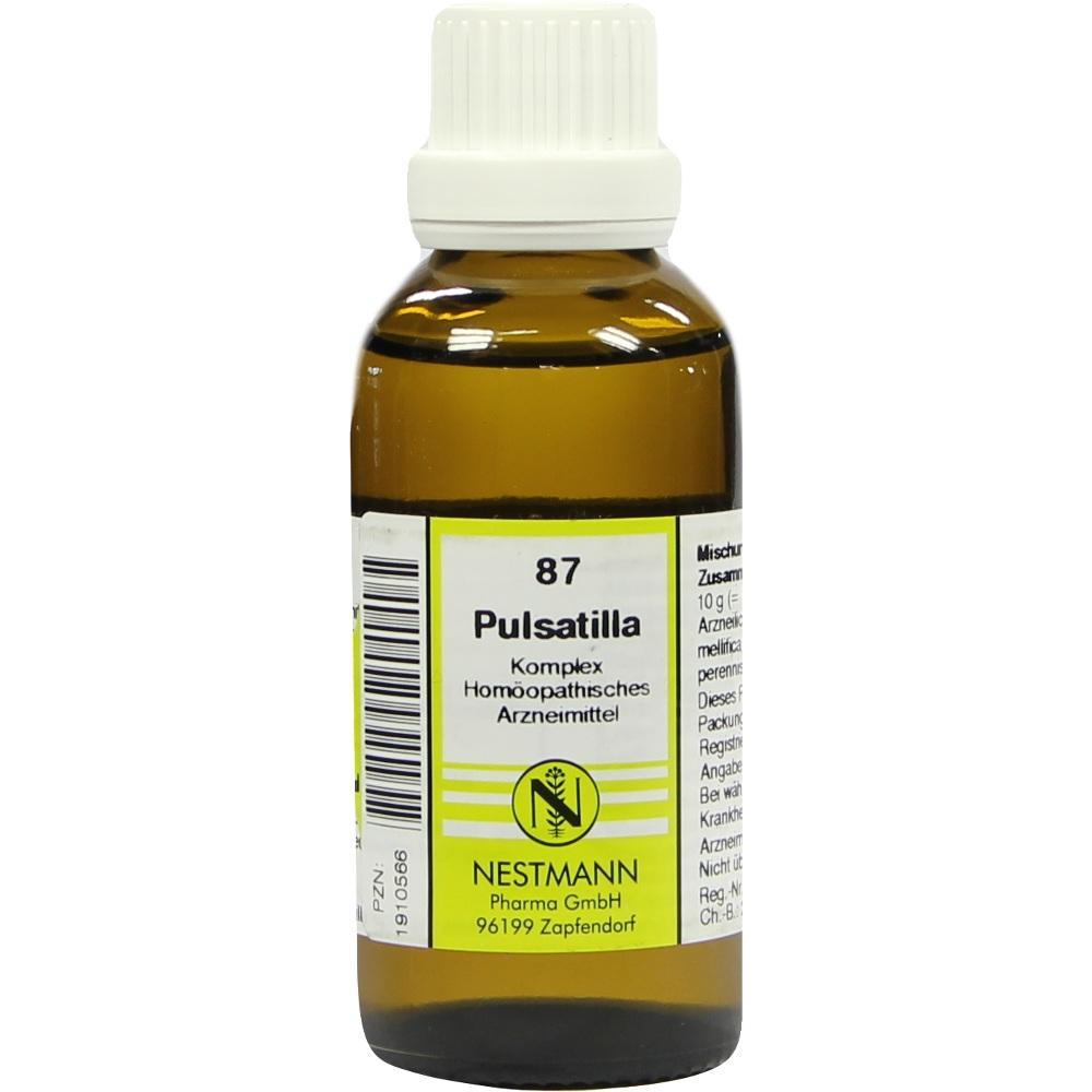 Braune Glasflasche mit weißem Etikett und Aufdruck "Pulsatilla 87".
