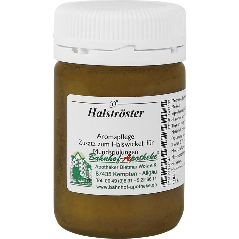 Braunes Glas mit weißem Deckel, darauf steht "Halströster" von einer Apotheke.