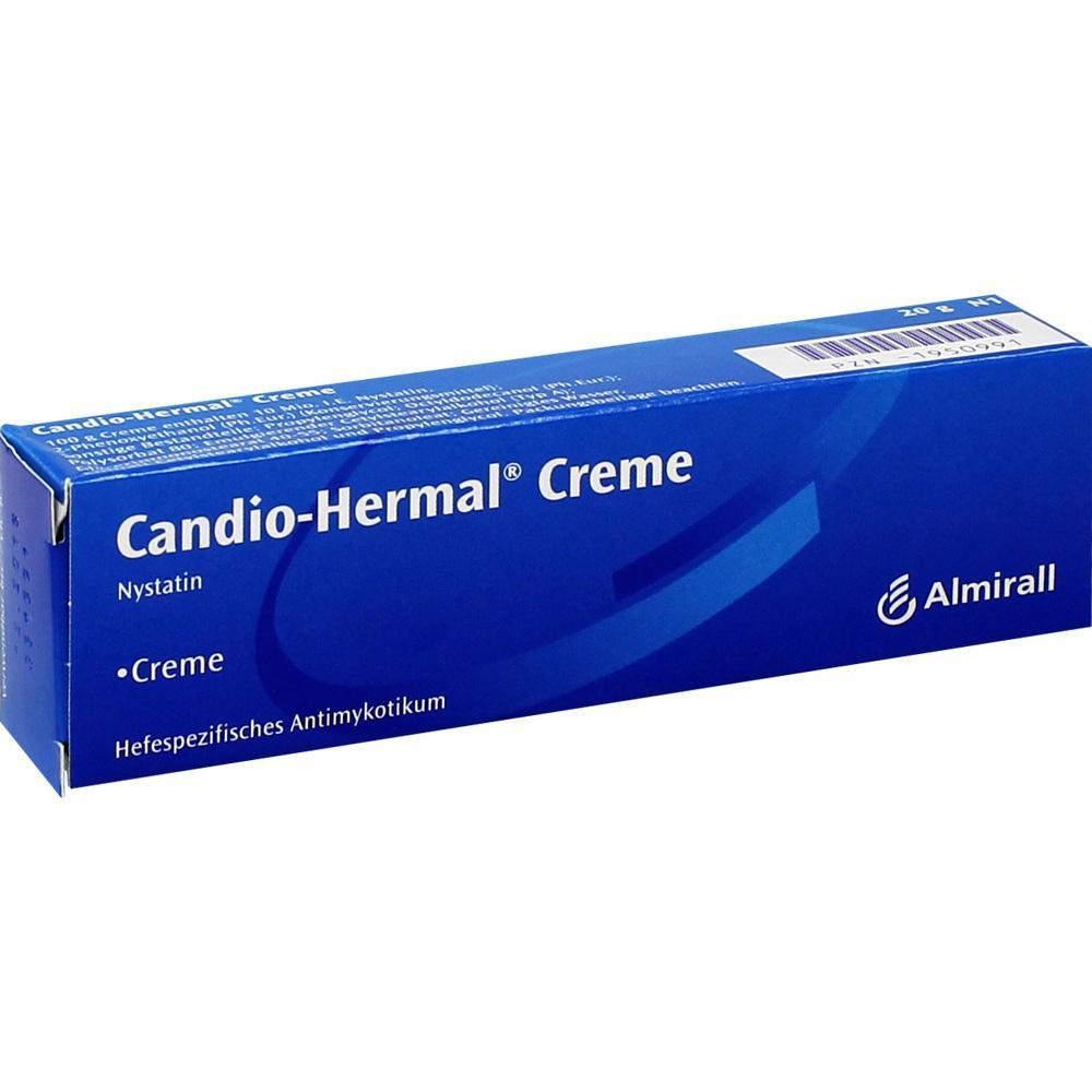 Blaue Verpackung einer Creme mit dem Namen "Candio-Hermal".