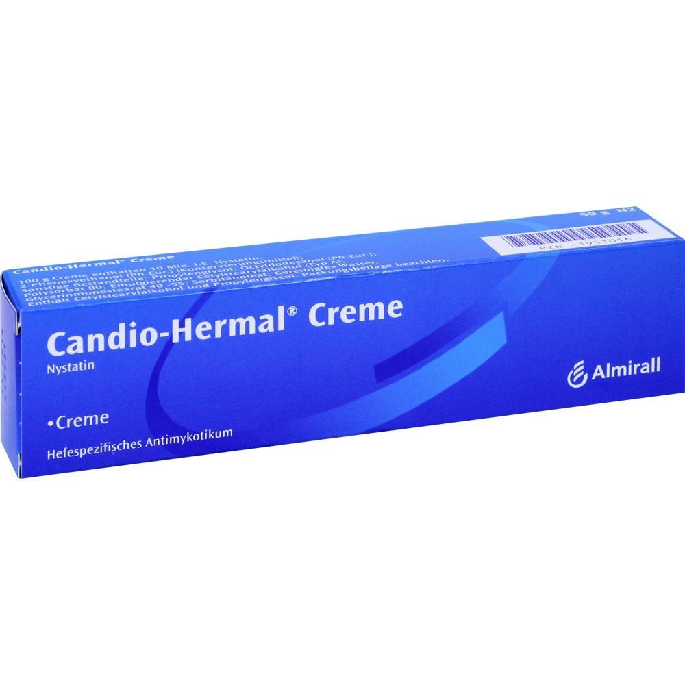 Blaue Schachtel mit der Aufschrift "Candio-Hermal Creme", einem Antimykotikum.