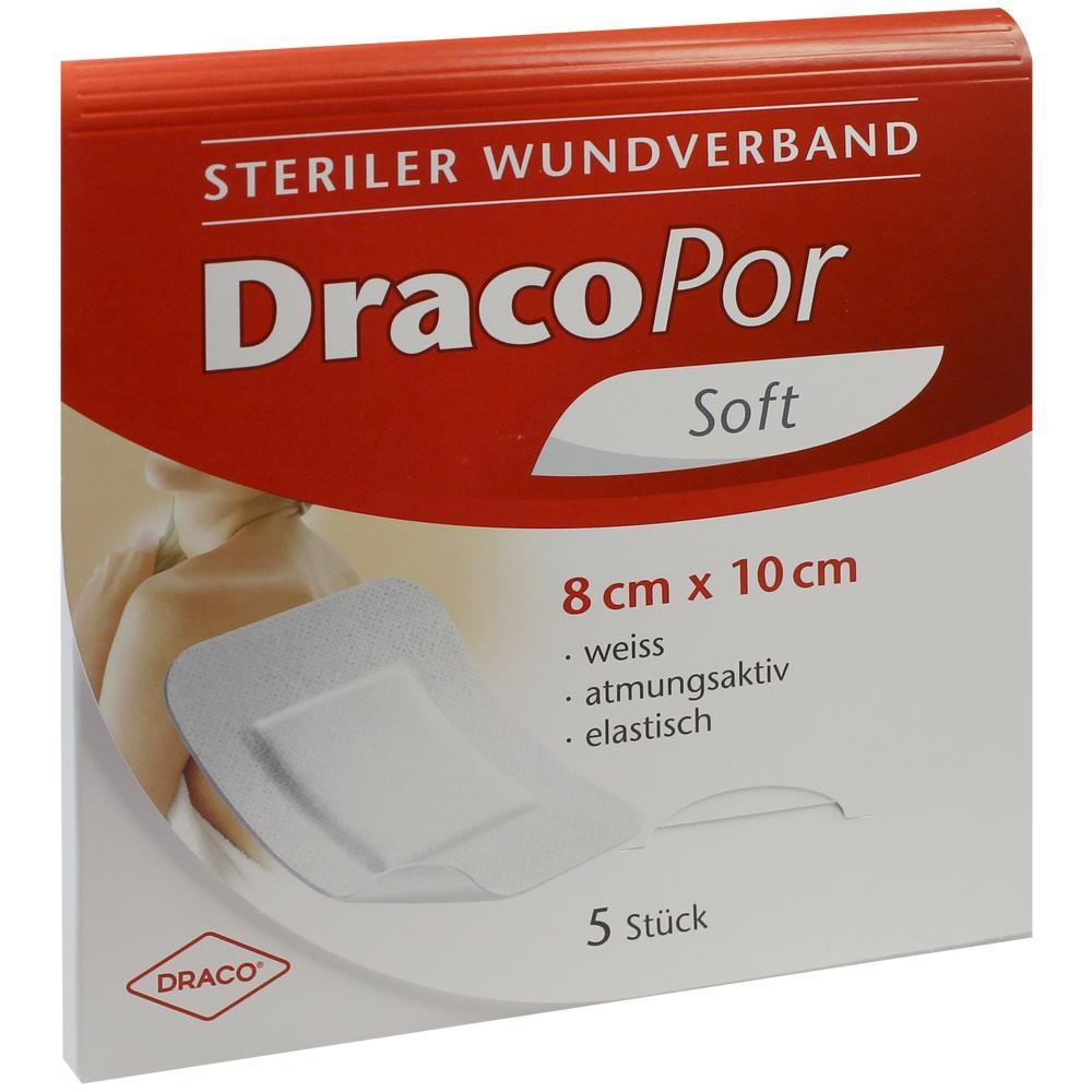 Verpackung eines sterilen, elastischen Wundverbands der Marke DracoPor, 8x10 cm, 5 Stück.