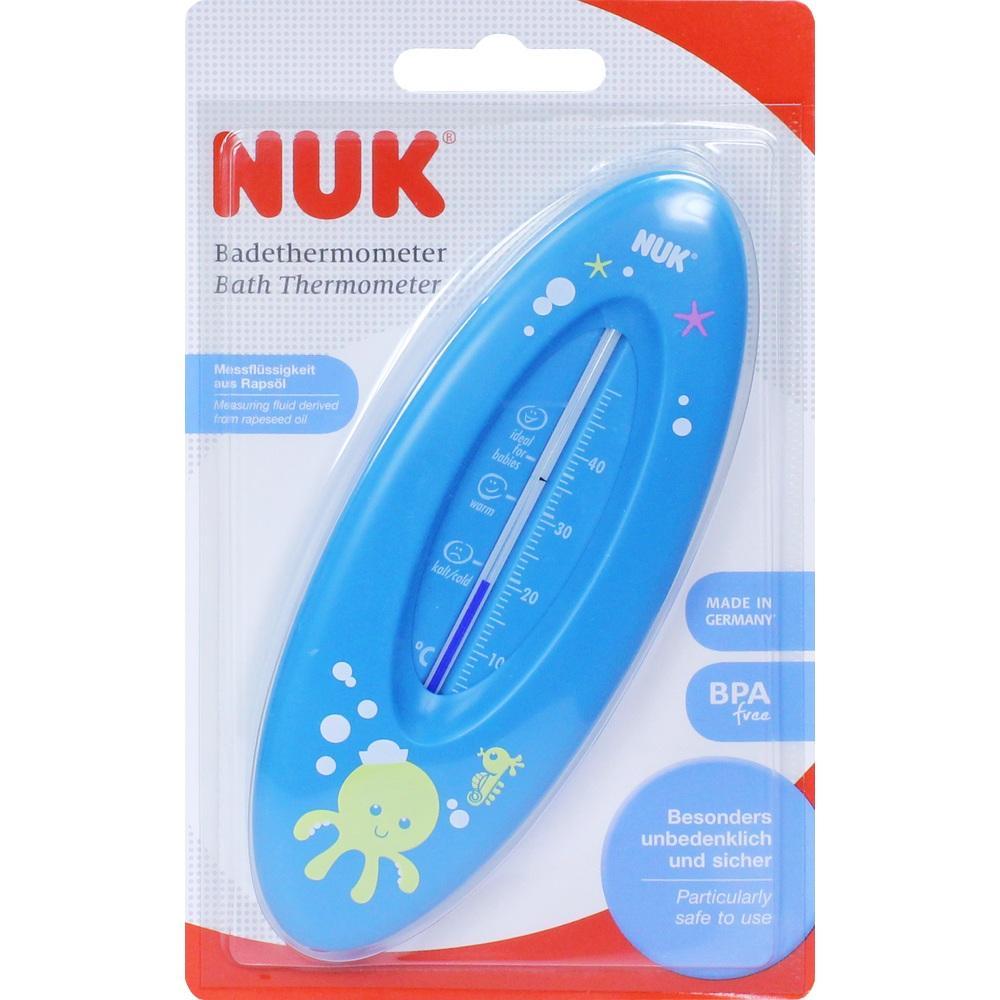 Ein blaues Badethermometer von NUK in einer Verpackung mit einem kleinen Oktopus-Motiv.