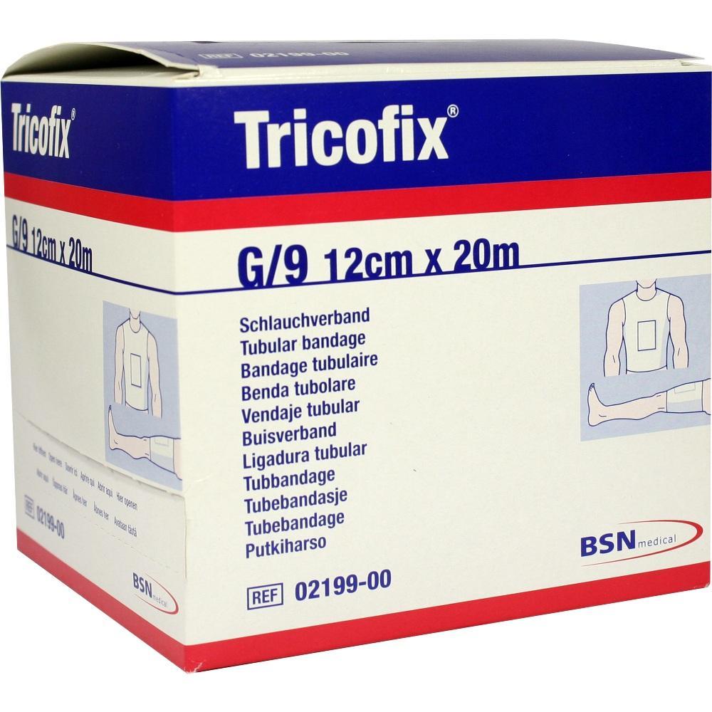 Eine Schachtel mit einem Schlauchverband von Tricofix, Größe G/9, 12cm x 20m.