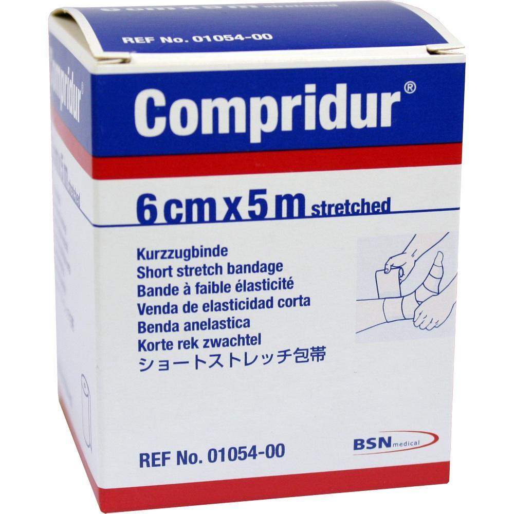 Eine blaue und weiße Verpackung für eine 6 cm x 5 m lange Kompressionsbinde.