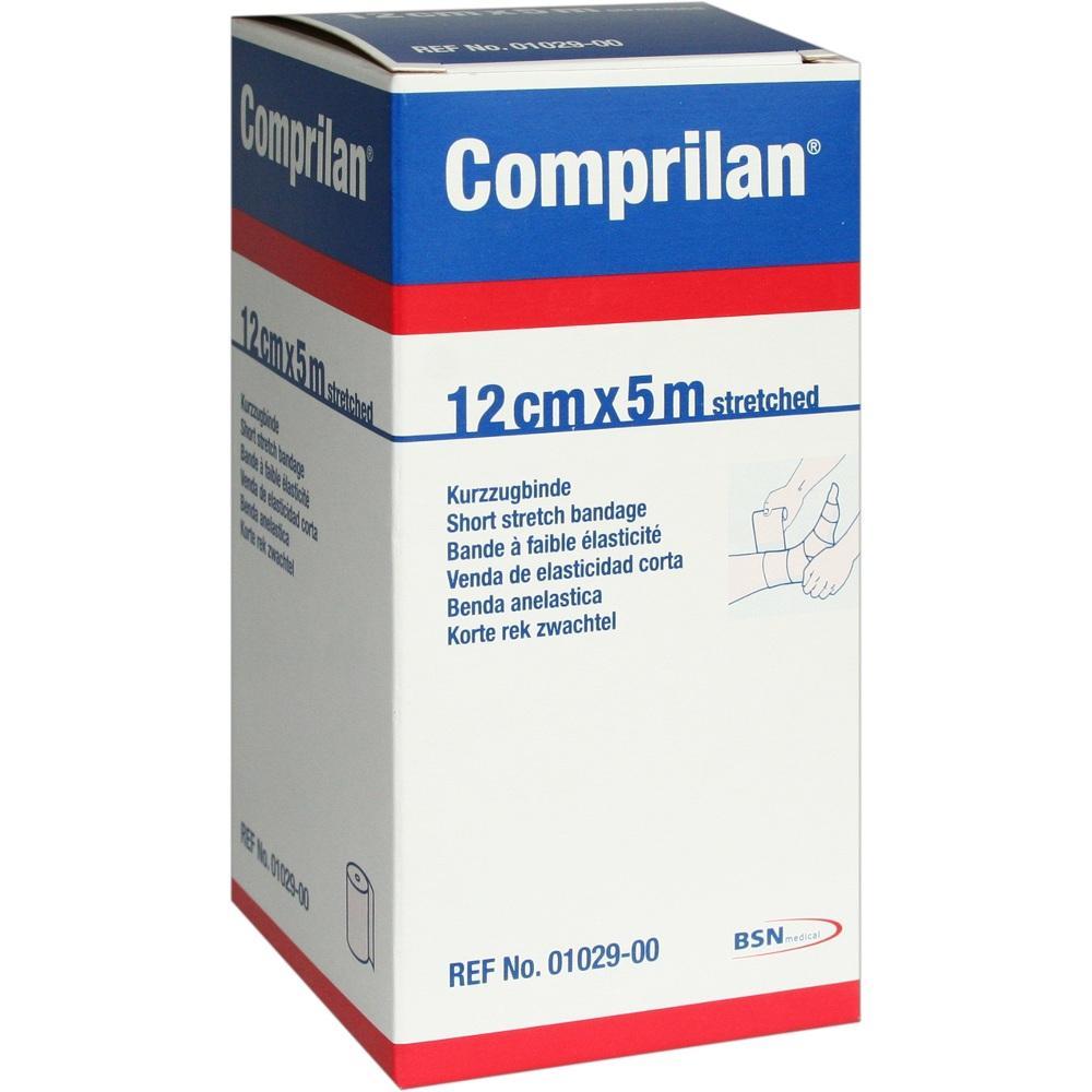 Eine Packung mit einer elastischen Binde namens Comprilan, 12 cm breit und 5 m lang.