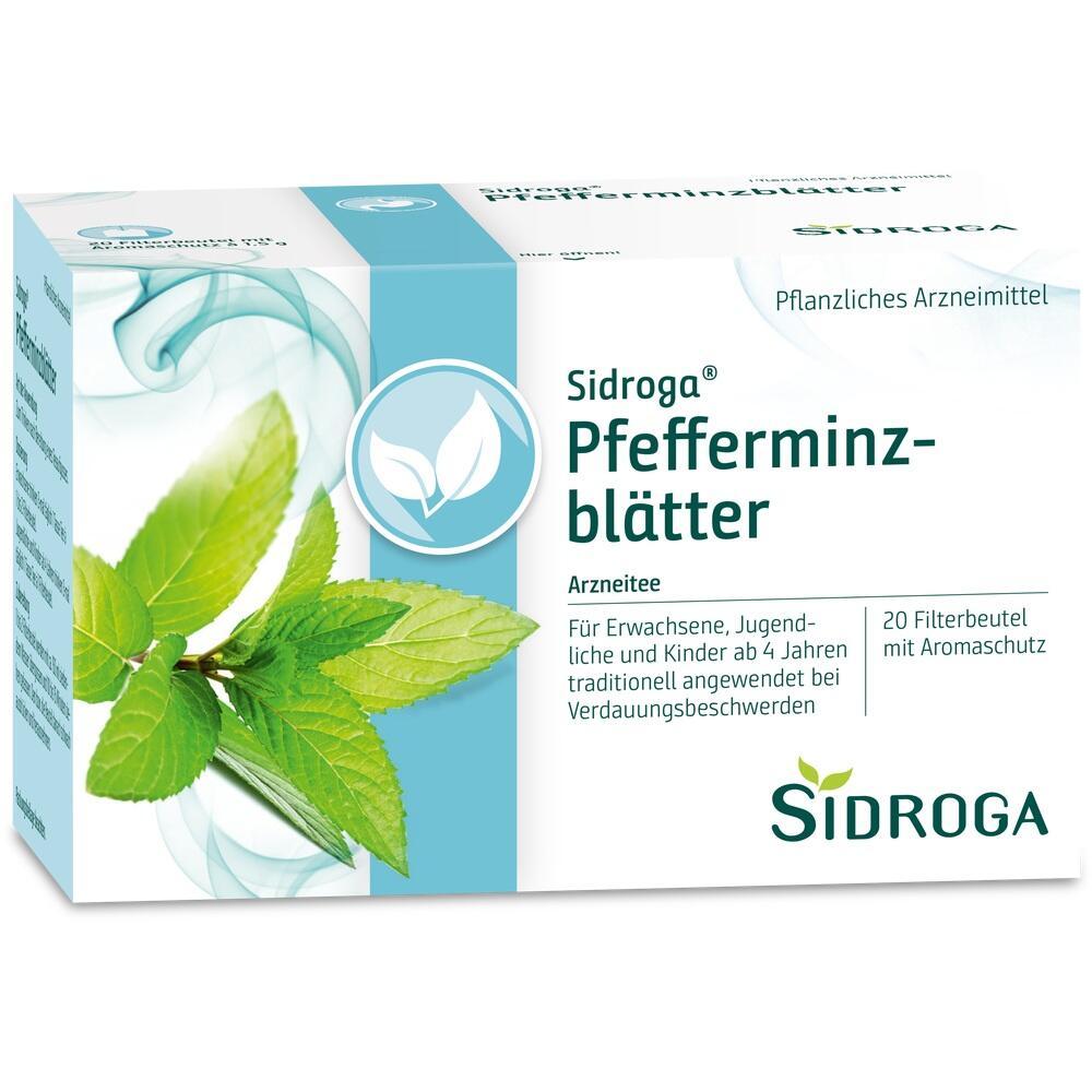 Packung Pfefferminzblätter-Tee von Sidroga für die Linderung von Verdauungsbeschwerden.