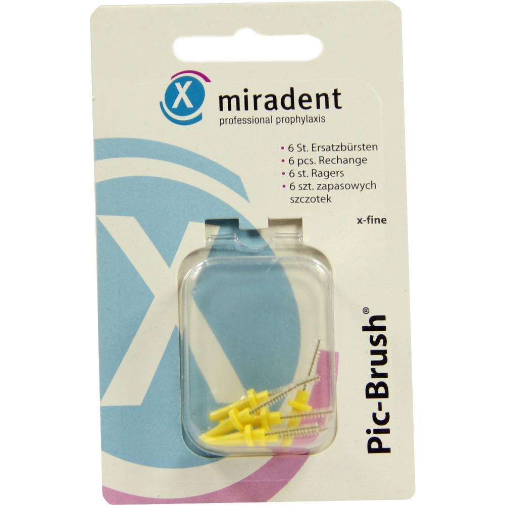Verpackung mit gelben Interdentalbürsten von Miradent für Zahnpflege.