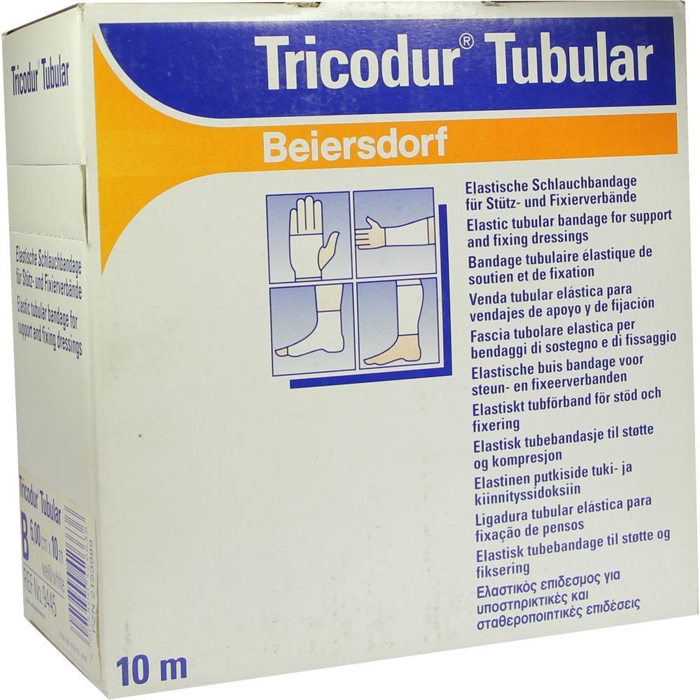 Eine Verpackung für elastische Schlauchbandagen der Marke Tricodur von Beiersdorf.