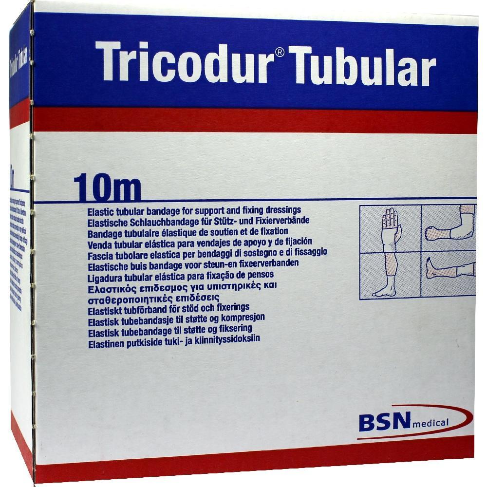 Eine Verpackung von elastischen Schlauchverbänden der Marke Tricodur Tubular, 10 Meter lang.