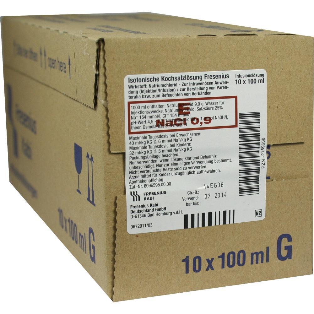 Ein brauner Karton mit Etikett für Kochsalzlösung von Fresenius.