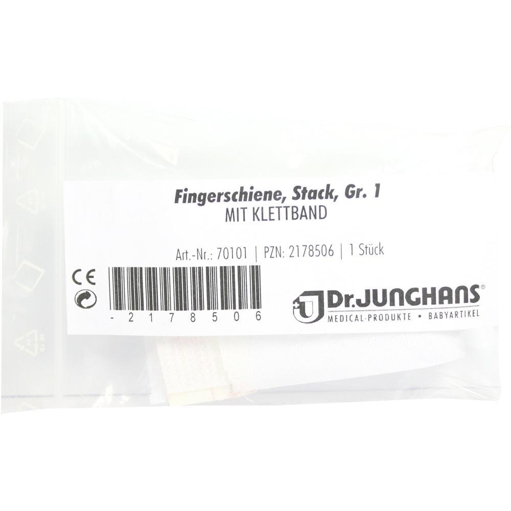 Eine Fingerschiene mit Klettband in einer durchsichtigen Verpackung.