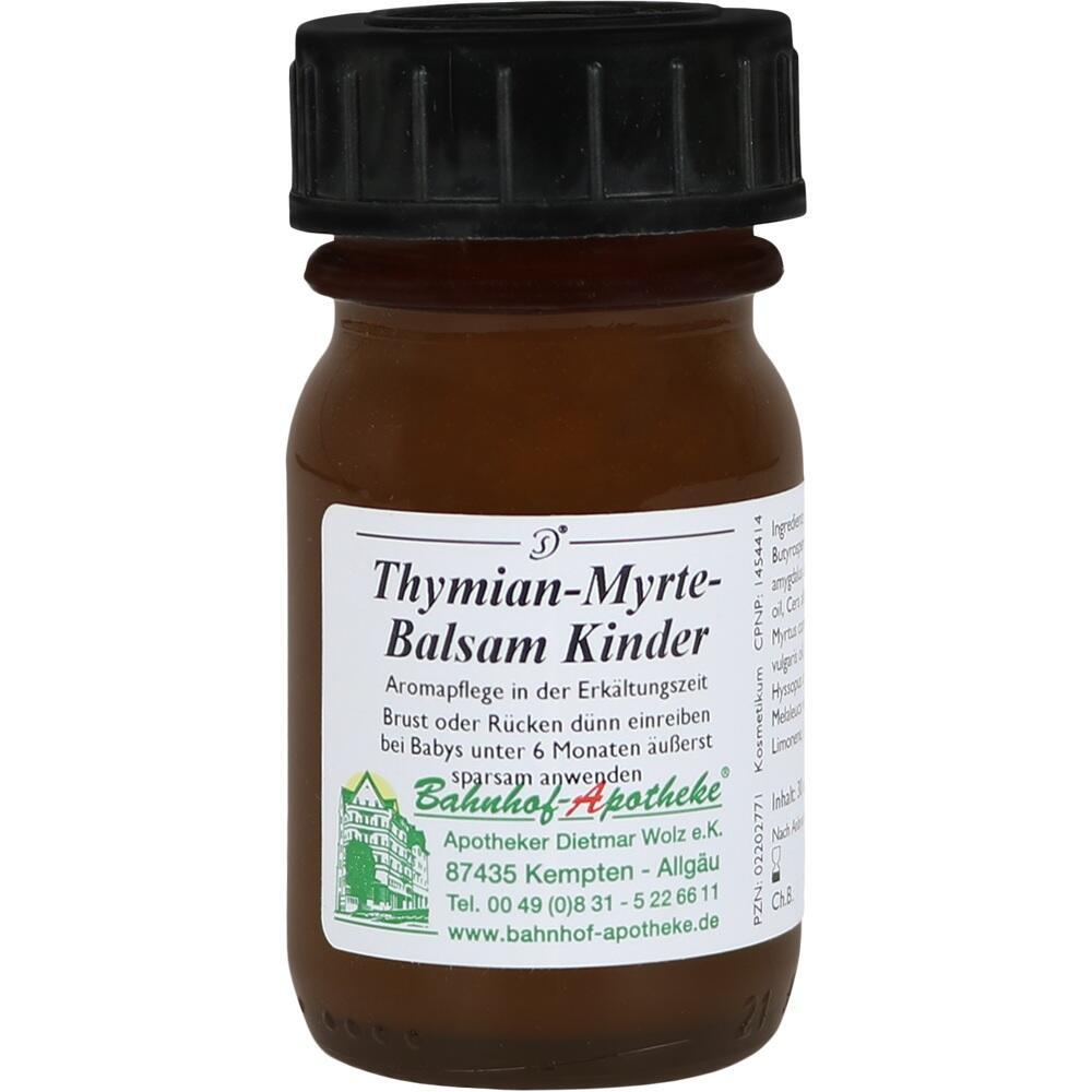 Braunes Glasfläschchen mit schwarzem Deckel und Etikett für Thymian-Myrte-Balsam.