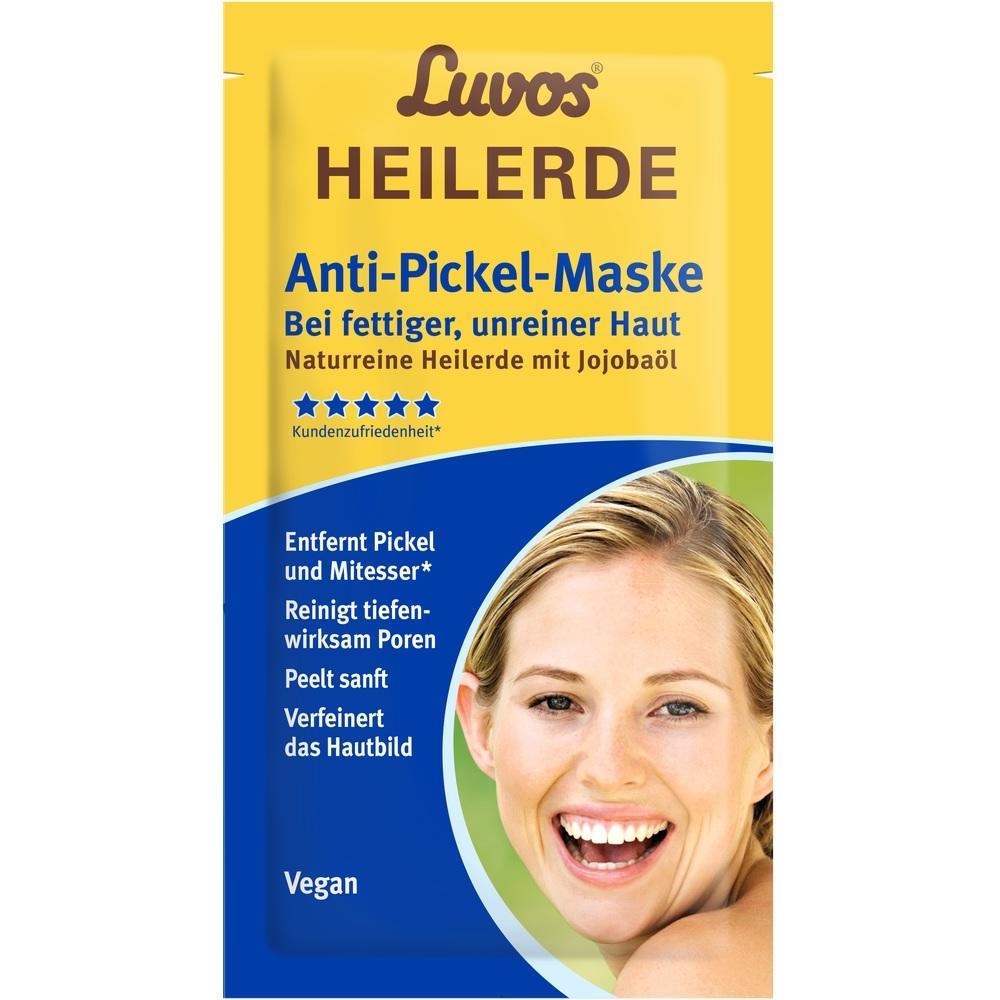 Paket von Luvos Anti-Pickel-Maske mit einer lächelnden Frau auf dem Cover.