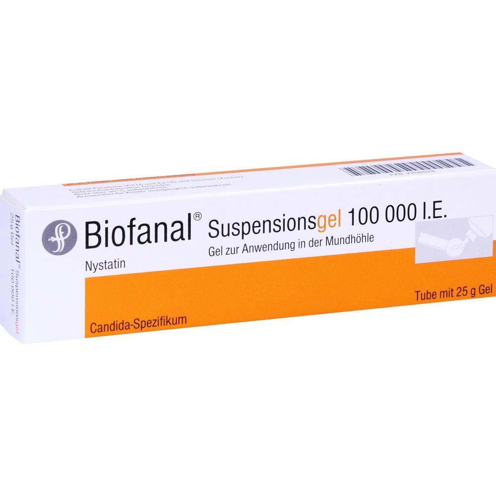 Weiße und orange Verpackung von Biofanal Suspensiongel für den Mund.