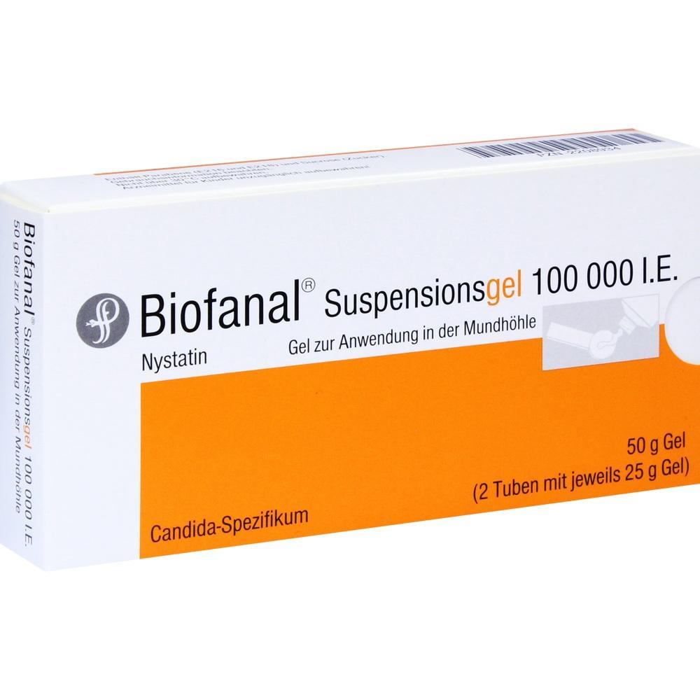 Weiße Packung mit orangefarbenem Streifen von Biofanal-Suspensionsgel.