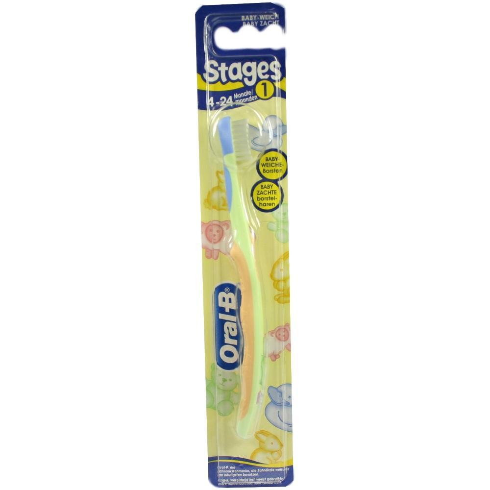 Verpackte Zahnbürste für Babys von 4 bis 24 Monaten mit buntem Griff.