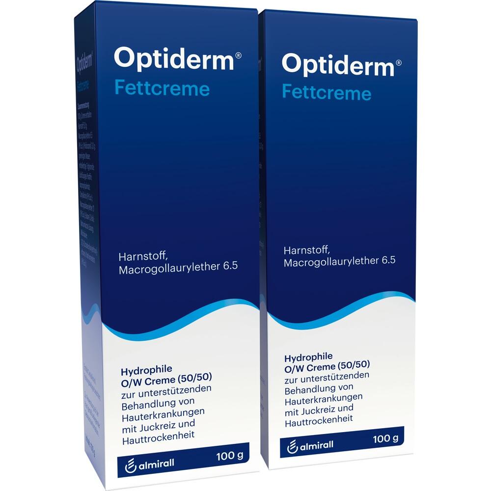 Zwei Packungen Optiderm Fettcreme zur Hautpflege bei Trockenheit und Juckreiz.