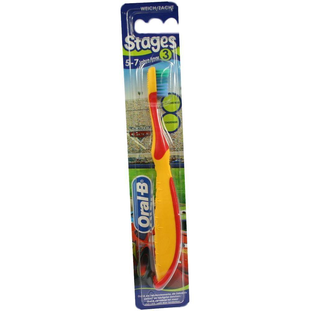 Gelbe Kinderzahnbürste in einer bunten Verpackung.