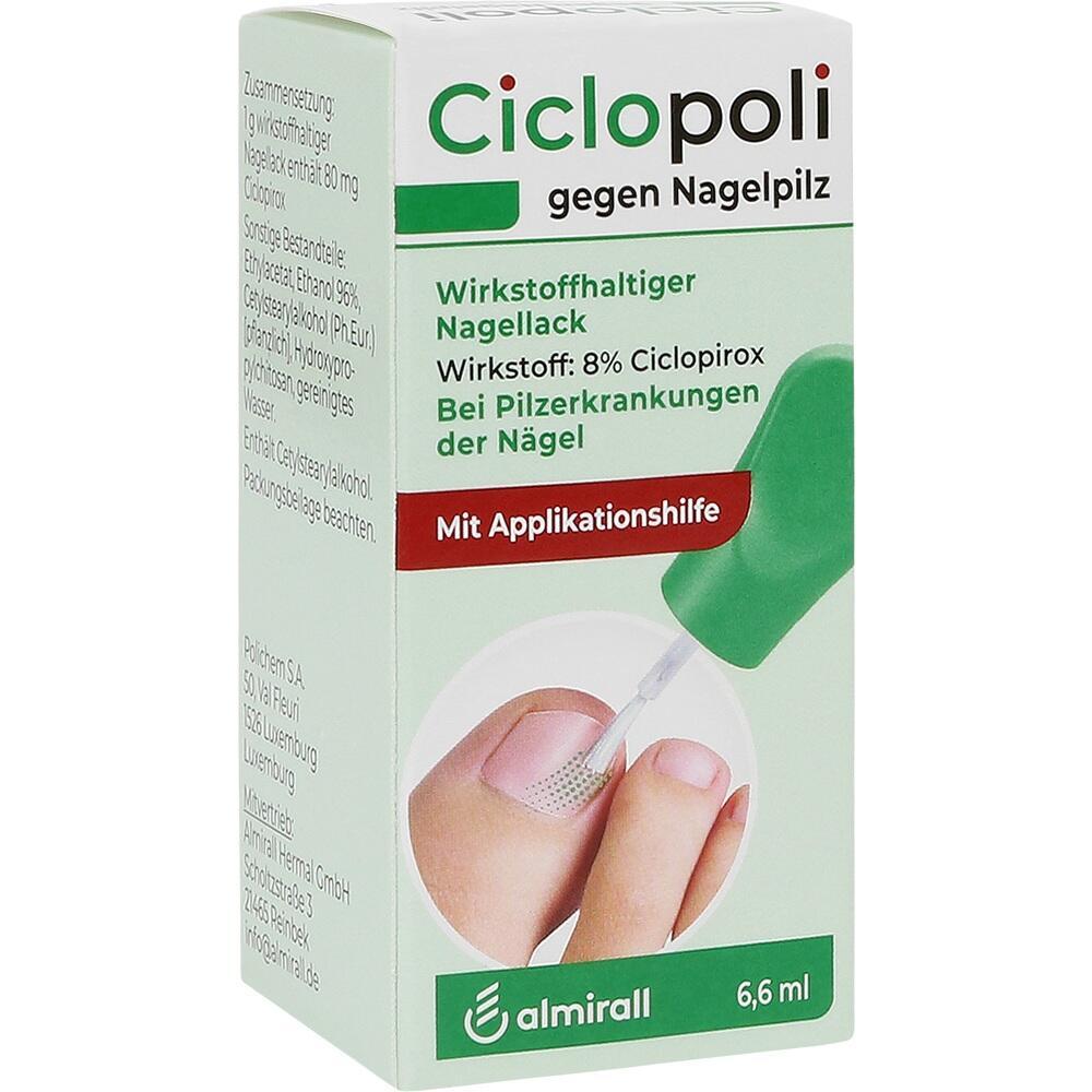 Verpackung von Ciclopoli, ein Nagellack gegen Nagelpilz mit Applikationshilfe.