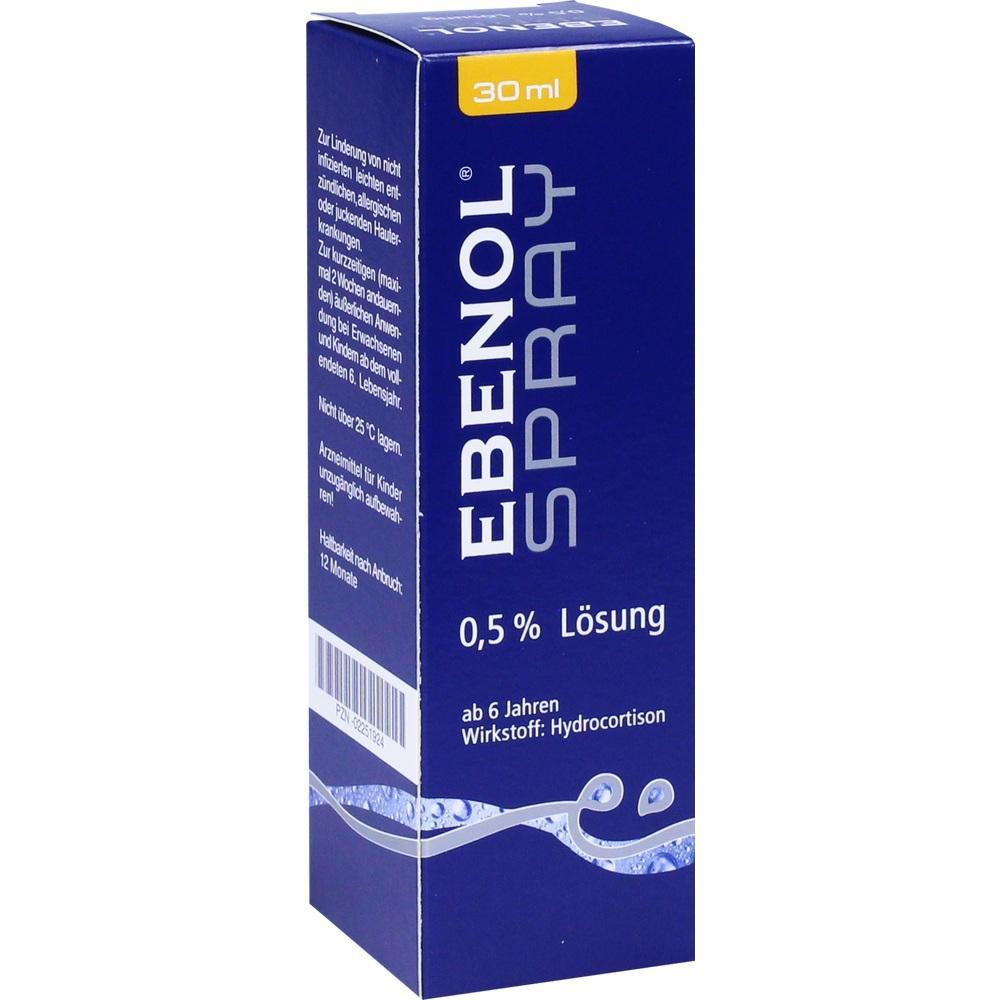 Blaue Verpackung von Ebenol Spray mit 0,5% L&ouml;sung, 30 ml.