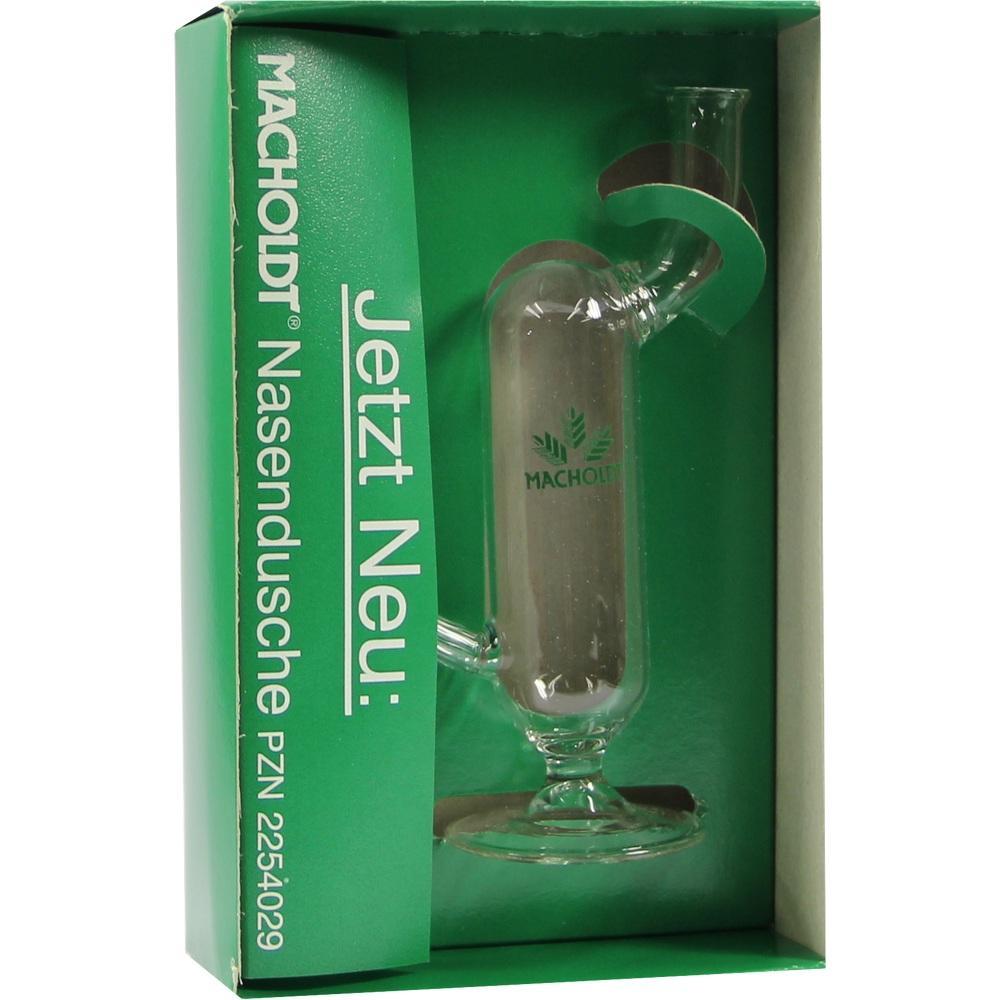 Grüne Verpackung einer gläsernen Nasendusche mit der Aufschrift "Jetzt Neu".