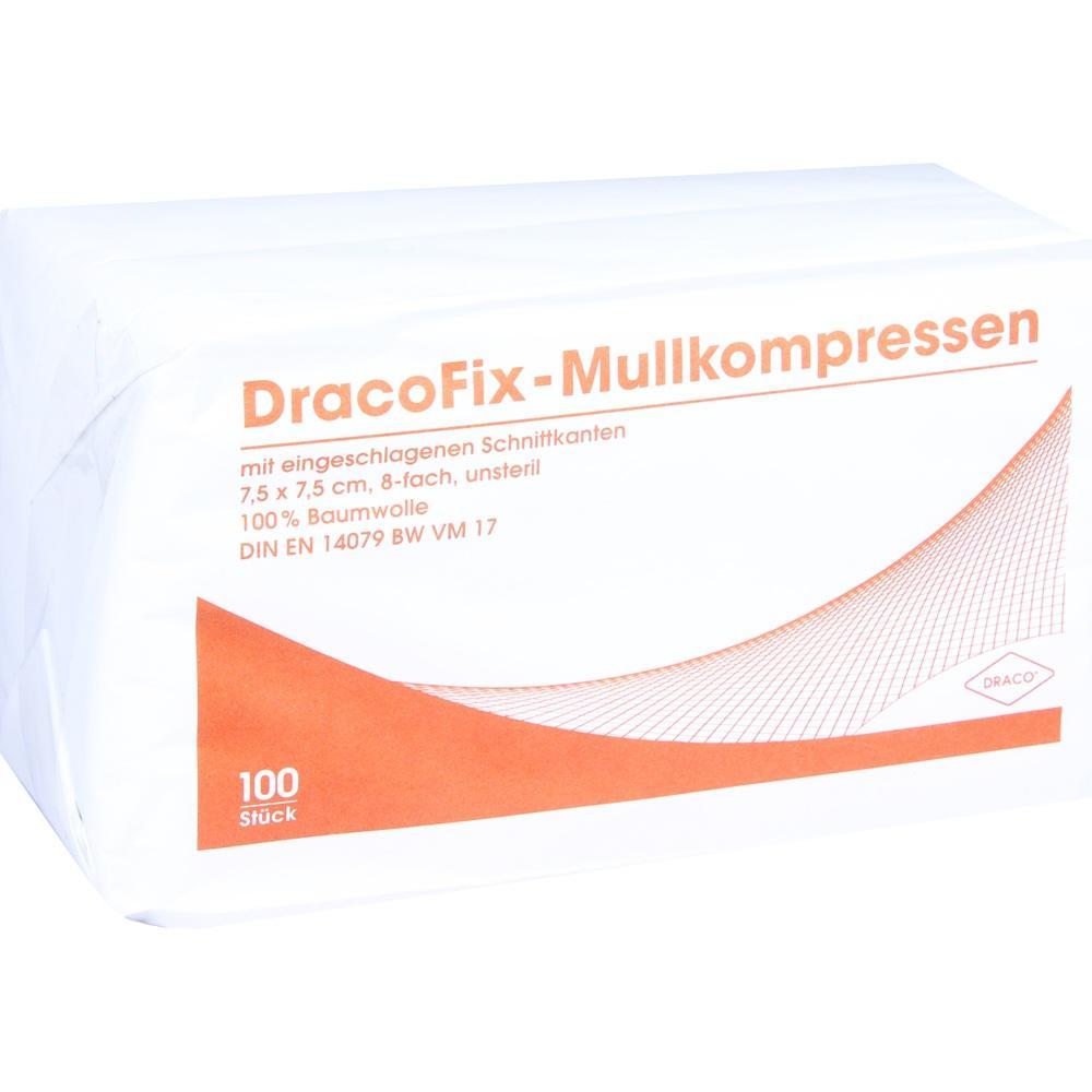 Ein Paket DracoFix-Mullkompressen mit 100 unsterilen Kompressen aus Baumwolle.