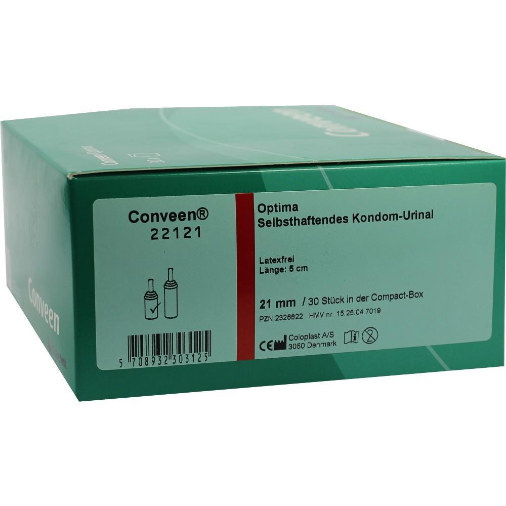 Grüne Box mit der Aufschrift "Selbsthaftendes Kondom-Urinal, 21mm, latexfrei".