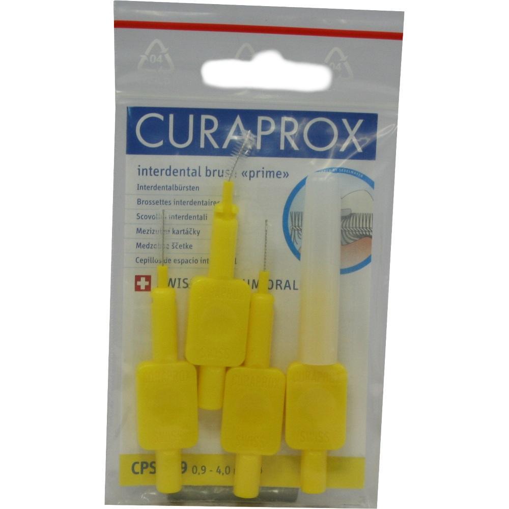Gelbe Interdentalbürsten von Curaprox in einer transparenten Verpackung.