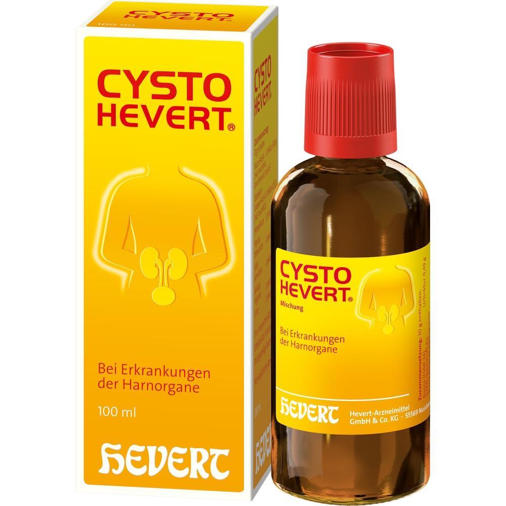 Gelbes Cysto Hevert Medikament für Harnorgane mit Flasche und Schachtel.