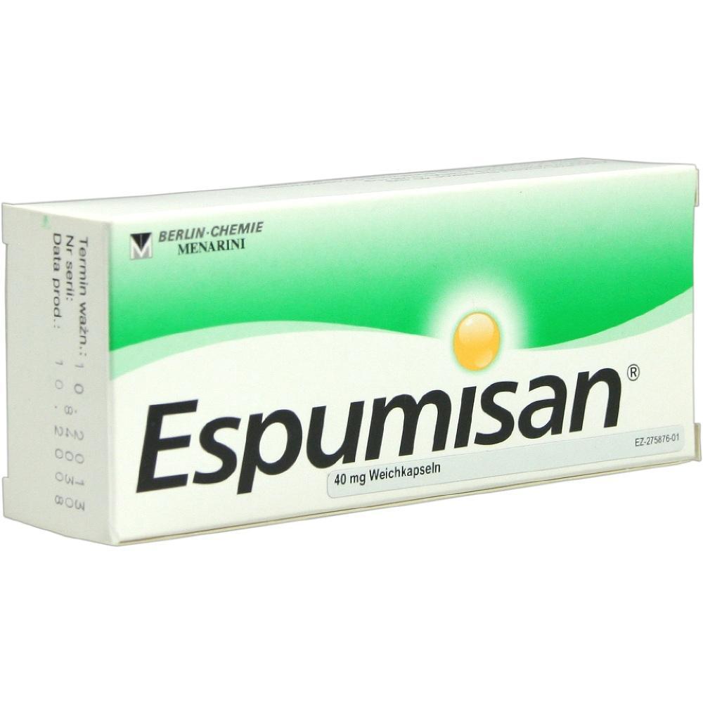 Verpackung von Espumisan 40 mg Weichkapseln mit gr&uuml;nem Design.