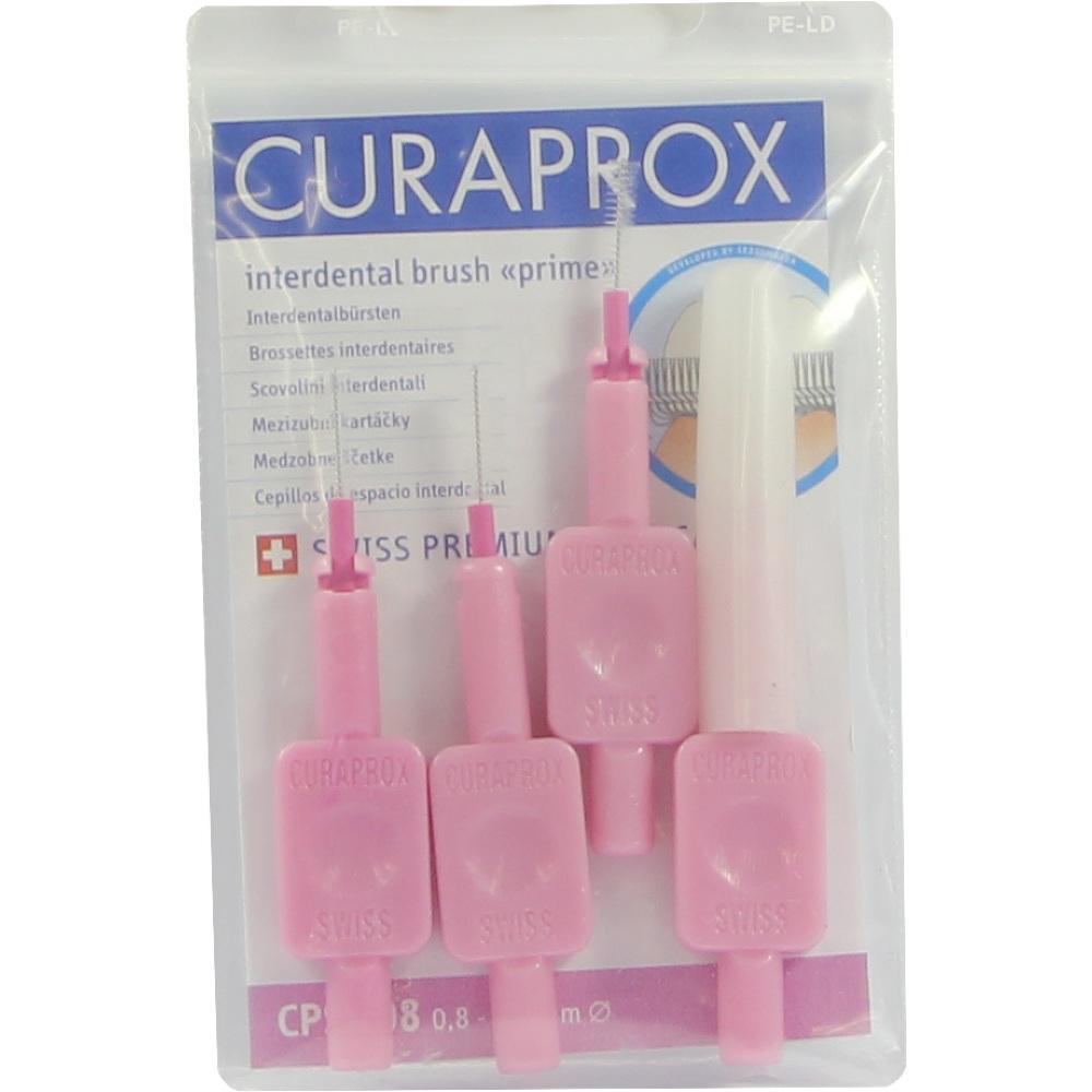 Fünf pinke Interdentalbürsten von Curaprox in einer Plastikverpackung.