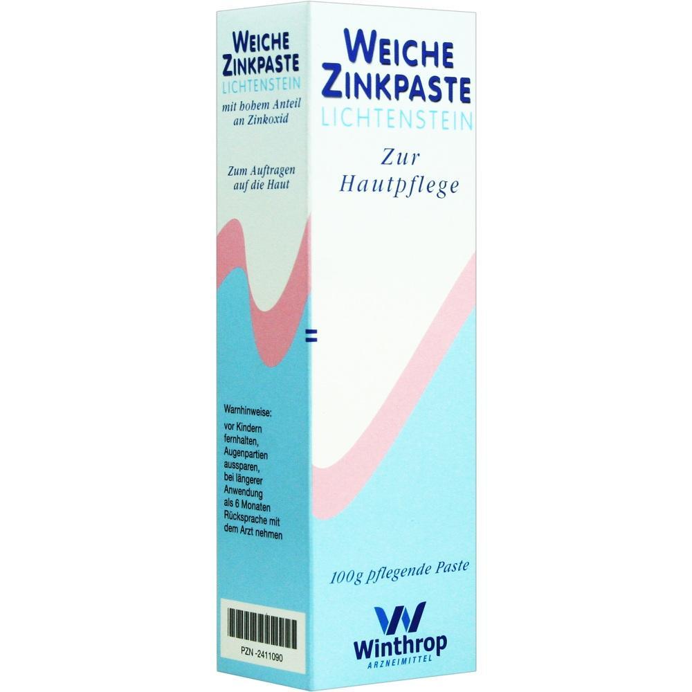 Weiße Schachtel mit der Aufschrift "Weiche Zinkpaste Lichtenstein zur Hautpflege".