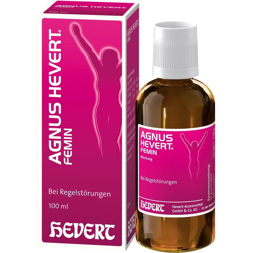 Flasche und Verpackung eines Medikaments gegen Regelstörungen, auf pinkem Hintergrund.