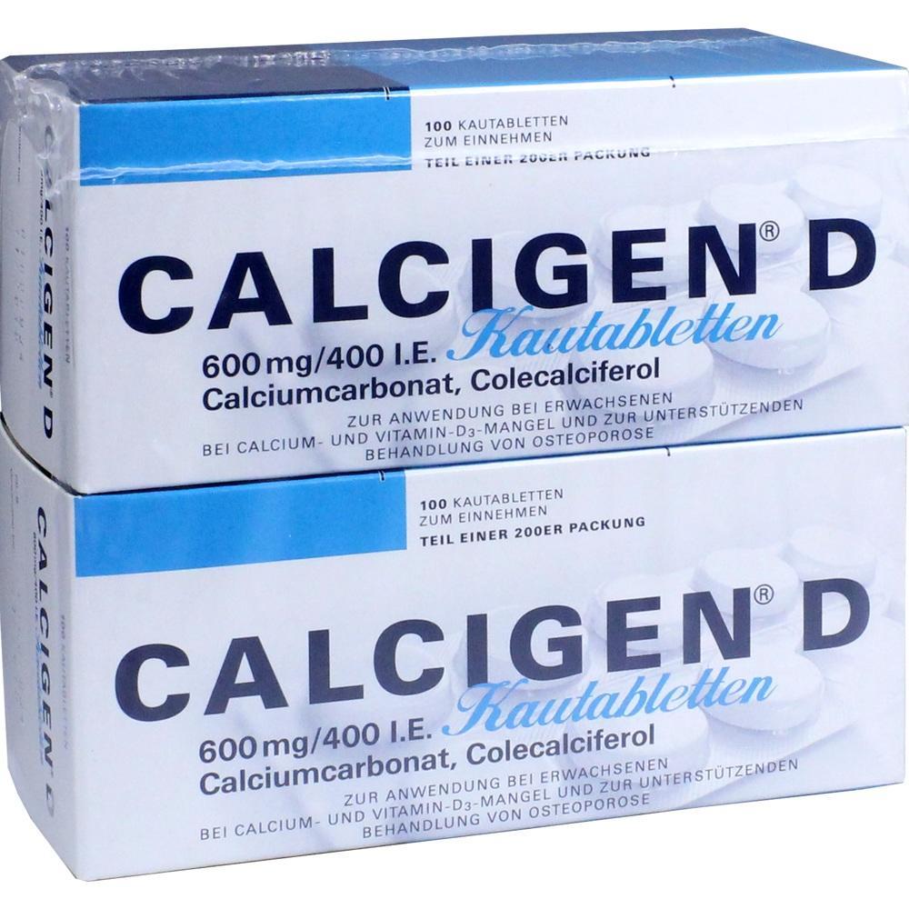 Zwei Packungen Kautabletten namens CALCIGEN D auf einem Stapel.
