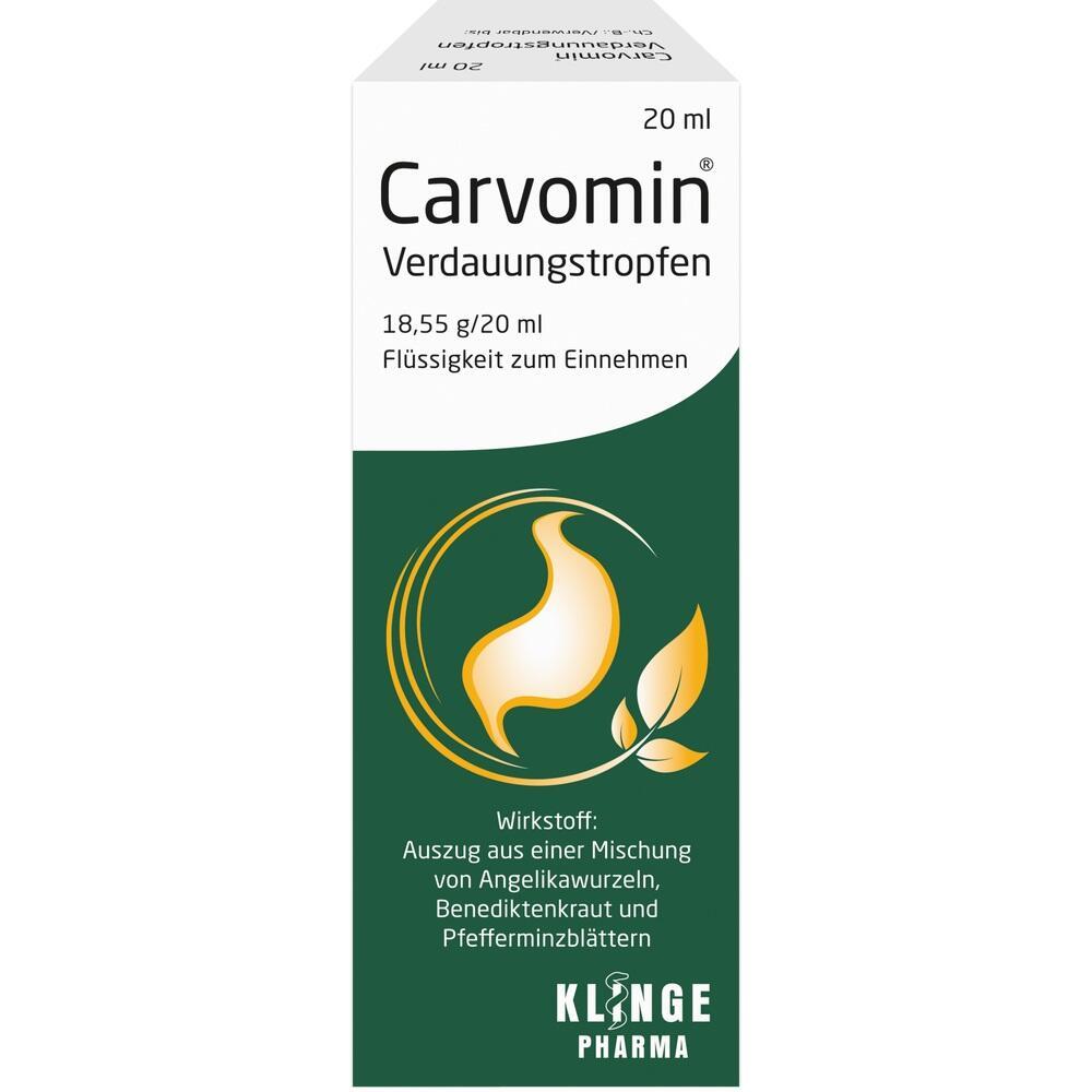 Weiße Verpackung von Carvomin Verdauungstropfen mit grünem Bereich und stilisiertem Magen-Design.
