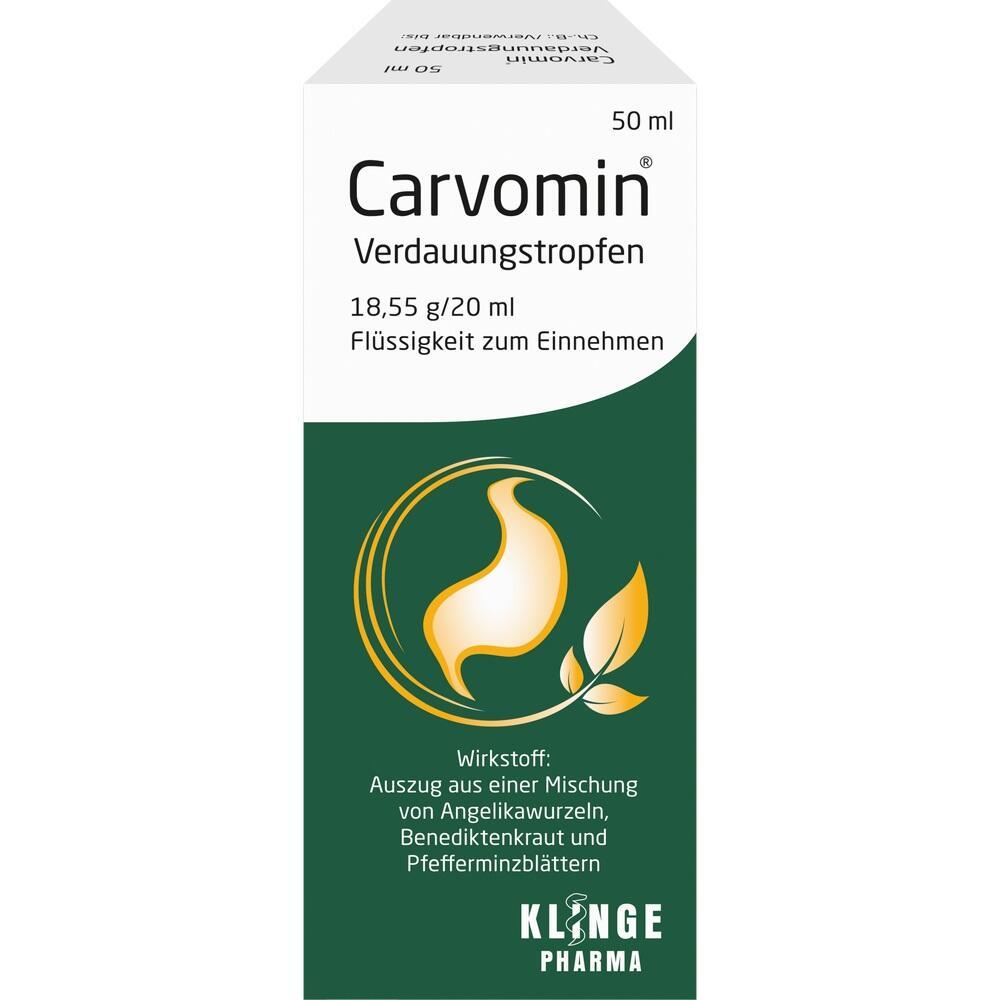 Verpackung von Carvomin Verdauungstropfen mit 50 ml Flüssigkeit zur Einnahme.