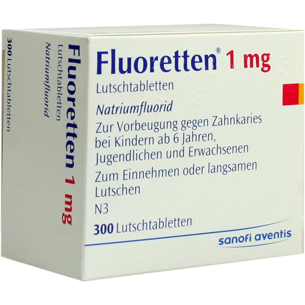 Weiße Schachtel mit 300 Fluoretten Lutschtabletten zur Kariesvorbeugung.
