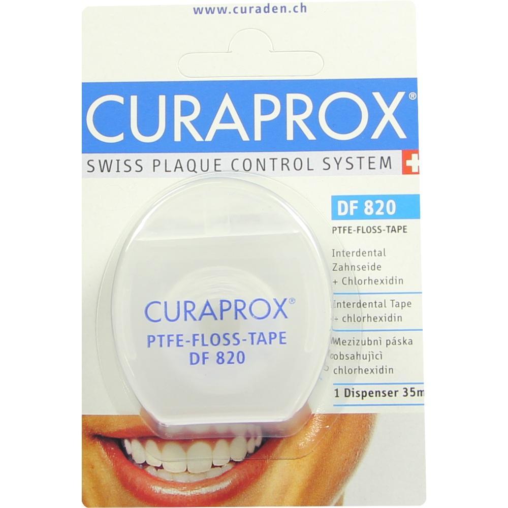 Eine Packung Zahnseide der Marke Curaprox mit l&auml;chelndem Mund darunter.