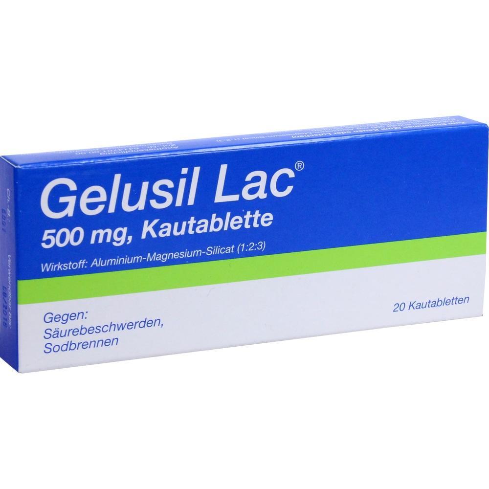 Verpackung von Gelusil Lac 500 mg Kautabletten gegen Sodbrennen.