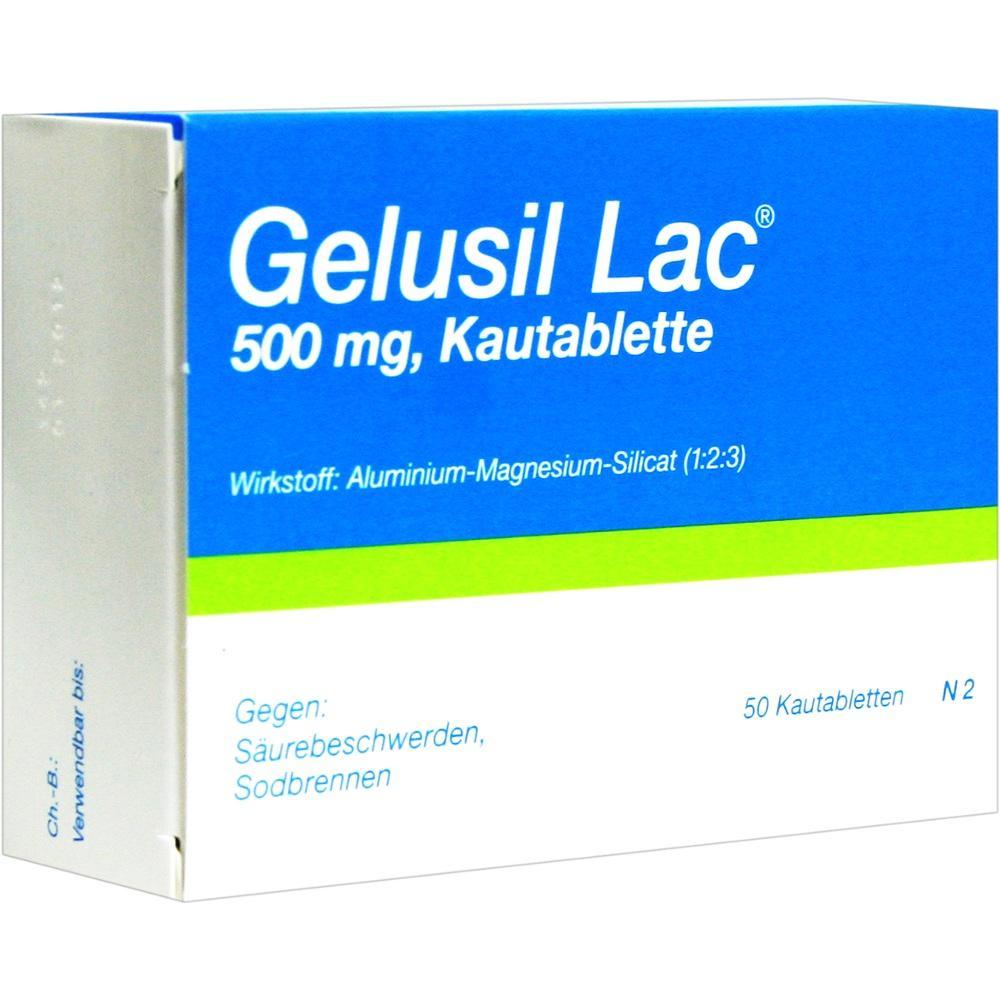 Eine blaue und weiße Packung von Gelusil Lac Kautabletten gegen Sodbrennen.